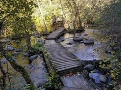 a wooden bridge over a stream in the woods