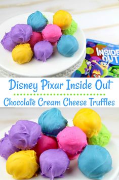 disney pixar inside out chocolate cream cheese truffles on a white plate