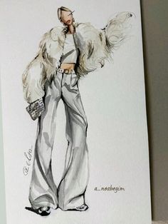 a drawing of a woman in high waisted pants and jacket with her hair blowing back