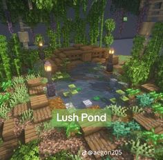 a pond surrounded by lots of trees and rocks with the words lush pond above it