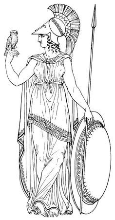 an ancient greek woman holding a shield and a bird in her hand, vintage line drawing or engraving