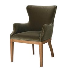 an upholstered green chair with wooden legs