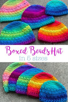 several crocheted hats with the words boxed beads hat in 5 sizes on them