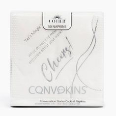 the packaging for convokins's signature cocktail napkins is shown in white