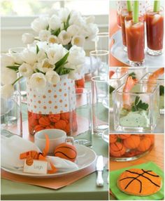 the table is set with orange and white napkins, silverware, and flowers