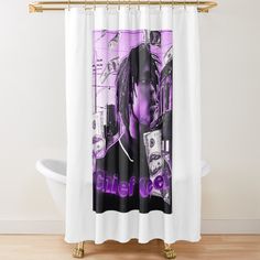 a shower curtain with the image of a woman in purple