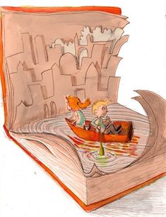 an open book with two children in a boat on the pages, and another child's drawing behind it