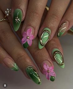 Dark Green And Pink Nails, Nature Nails, Bubble Nails, Crazy Nail Designs, Flowers Nails, Colourful Nails, Green Acrylic Nails, Nails Designer, Spring Inspo