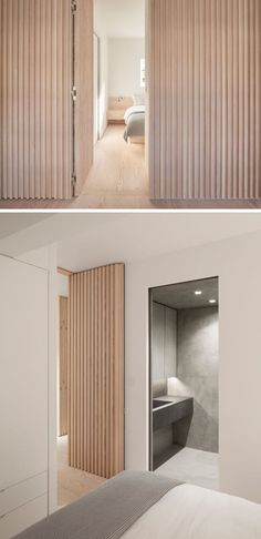 this bedroom has wooden slats on the walls and sliding doors to let in light