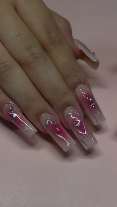 long square, pink aura, chrome design, valentine’s nails Chrome Nail Designs Square, Trendy Nails Ideas Chrome, Nails Ideas Long Square, Summer Nail Ideas Chrome, Square Pink Nails Ideas, Nail Wallpaper Aesthetic, Long Nails Square Design, Pink Concert Nails Ideas, Long Square Nails Designs Ideas