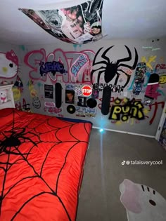 a bed room with a neatly made bed and lots of stickers on the walls