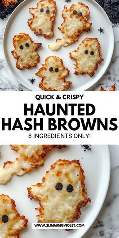 two plates filled with halloween hash browns on top of a marble table and text overlay reads quick & crispy haunted hash browns 8 ingredients only