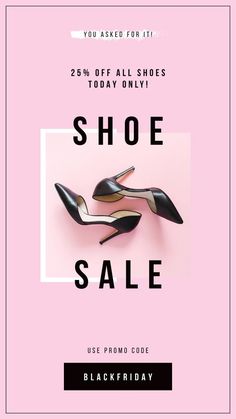 black friday shoe sale flyer with high heeled shoes on pink background and white square frame