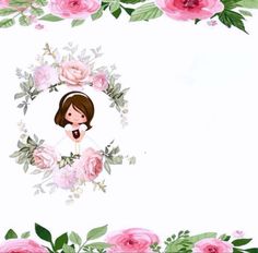 the girl is surrounded by pink flowers and greenery