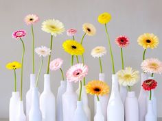 several white vases with different colored flowers in them and one has yellow, red, pink, and orange daisies