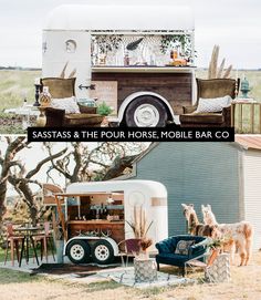 the mobile bar has two horses standing in front of it and an old truck behind it