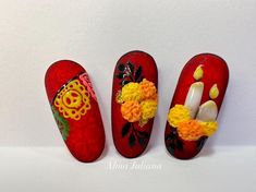 Papel Picado Nail Art, Marigold Flower Nail Art, Durga Puja Nail Art, Marigold Nails, 3d Flower Nails Mexican, 3d Flower Fall Nails, Catrina Nails, Dia De Los Muertos Nail Ideas, 3d Nail Designs Acrylics