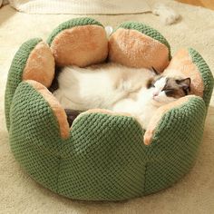 a cat sleeping in a green knitted pet bed