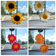 four different pictures of flowers hanging from a car's windshield, with the sun shining on them