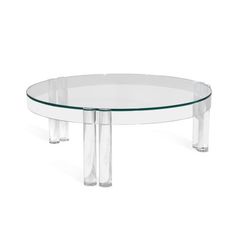 a round glass table with two legs and a clear surface on the bottom, against a white background