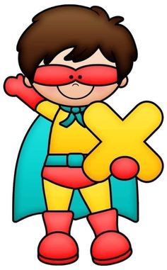 a boy dressed as a super hero holding a large letter x in his right hand