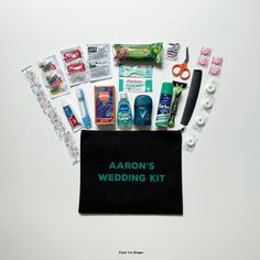 an assortment of personal care items laid out on top of a white surface with the words aaron's wedding kit