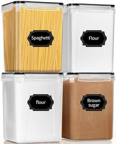 four plastic containers with different types of pasta in them and labels on the lids for each container