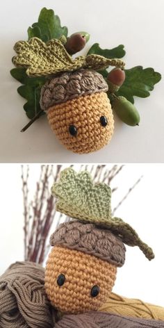 crocheted acorns are stacked on top of each other with leaves and acorns attached to them