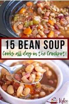 bean soup in a crockpot with spoons full of beans and other foods