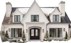 a white house with black doors and windows in the front yard covered in snow on a winter day