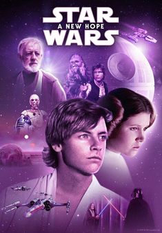 the poster for star wars is shown in purple and blue tones, with characters from different eras