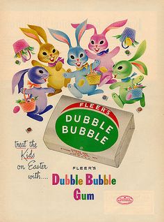 an old advertisement for dubble bubble gum with rabbits and bunnies in the background