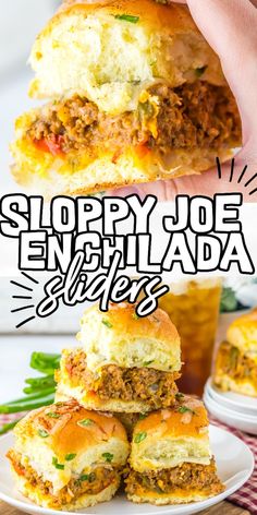 sloppy joe enchilada sliders on a white plate with text overlay