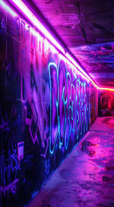 a long hallway with graffiti on the walls and purple light coming from it's ceiling