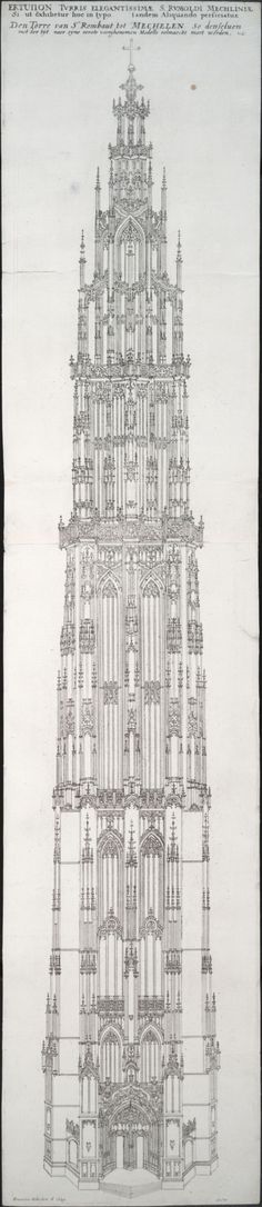 a drawing of a tall building with many windows and arches on the front, surrounded by other architectural details