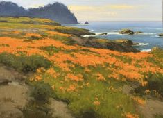 an oil painting of yellow flowers by the ocean