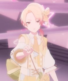 an anime character with blonde hair holding a handbag and pointing to the right side