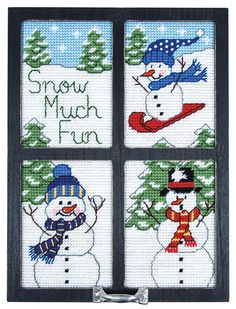 four snowmen cross stitched together with the words snow much fun