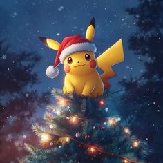 a pikachu wearing a santa hat sitting on top of a christmas tree