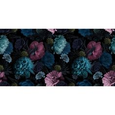 an abstract floral pattern with blue, pink and green flowers on a black background for wallpaper