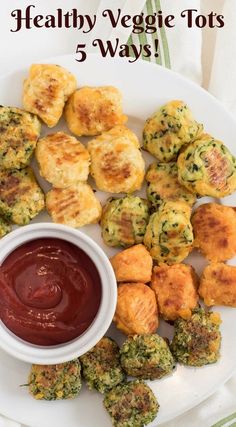 a plate with broccoli bites, tater tots and ketchup on it