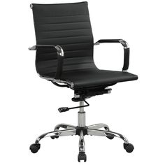 a black office chair with chrome arms and wheels