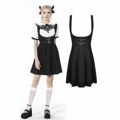 This women's steampunk steampunk suspender skirt is the perfect addition to any modern steampunk wardrobe. Constructed with black pleated lace-up detailing and a unique steampunk design, this skirt is sure to make you stand out. The skirt is made with high-quality materials that are both comfortable and durable. Pair this skirt with your favorite tops and accessories for an edgy and stylish look that is sure to turn heads. Shop this stylish piece now and make a statement! * made from polyester 95%, spandex 5% * black steampunk suspender dress * closure: back lace-up * pleated * feature metal studs decoration at the front waist * you can partner this skirt with a lace t-shirt and mary janes Modern Steampunk, Black Steampunk, Steampunk Woman, Modern Gothic, Steampunk Women, Suspenders For Women, Gothic Design, Lace Tshirt, Gothic Steampunk