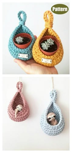 three crocheted items are shown in different colors and sizes, each with a stuffed animal inside