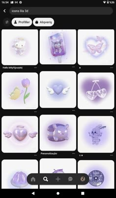 the app is displaying different items in purple and white colors, including hearts, flowers, butterflies