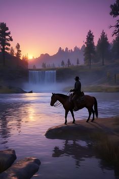 a man riding on the back of a brown horse next to a river at sunset