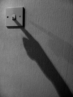 the shadow of a person's hand on a wall with a light switch attached to it