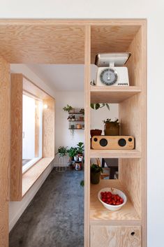 a room with shelves filled with plants and fruit