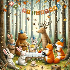 a painting of animals having a birthday party in the woods with bunnies and cake