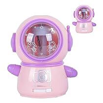 a pink and purple robot toy with its reflection in the mirror